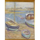 E**Grace Lester - oil on board Estuary scene with fishing boats, signed 19" x 15"