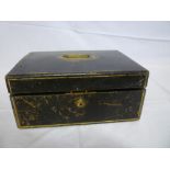 A Victorian brass mounted morocco leather stationery box with fitted interior including two