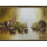 John Bampfield - oil on canvas Harbour scene with fishing boats, signed, 19½" x 29"