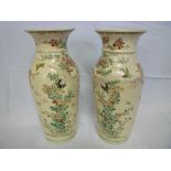 A pair of old Japanese Satsuma pottery tapered vases with painted crane and floral decoration (af)