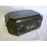 A late 19th century Eastern lacquered shaped-rectangular jewellery box with numerous compartments