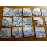 Twelve 18th century blue and white ceramic tiles depicting biblical scenes and figures together with