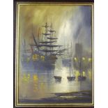 John Bampfield - oil on canvas  Moonlit Harbour scene with shipping, signed 15" x 11"