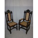 A set of five single and two carver 19th century heavily carved oak dining chairs with animal and