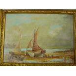 Dennis Thomas - oil on board Coastal scene with beached fishing boats, signed 8" x 11"
