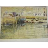 John Baron - watercolour  Cornish harbour scene with fishing boats, signed, 14" x 20"