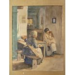 J** Trounson - watercolour Interior of a Cornish cottage with elderly female mother and child,