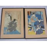 Two old Japanese coloured wood block prints depicting scenes with figures, framed and glazed