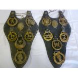 Two leather horse martingale panels, each mounted with six horse brasses and oval makers bosses