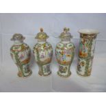 Three old matching Cantonese china baluster shaped vases and covers with painted figure and floral