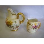 A Royal Worcester china tapered jug with painted floral decoration on ivory ground (slight damage)