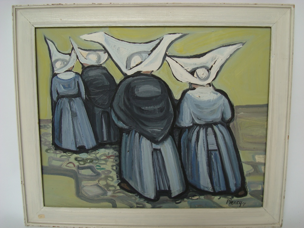 Mary Piercy (20th Century British).
Nuns, oil on board, signed, dated 71, framed.
49 x 39cm.