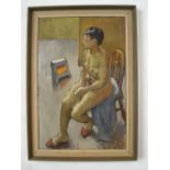 Mary Piercy (20th Century British).
Nude portrait of a seated woman with an electric fire, oil on