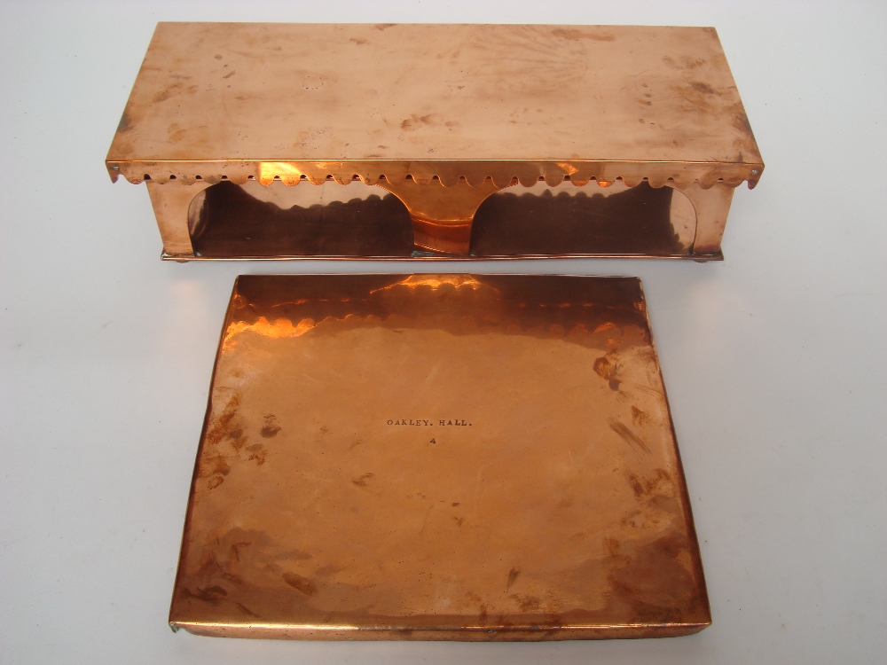 An Edwardian copper plate warmer and a large 19th Century square warming plate stamped 'Oakley Hall.