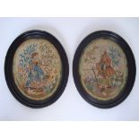 A pair of late Victorian needlework pictures in the oval depicting a gallant and lady in 18th