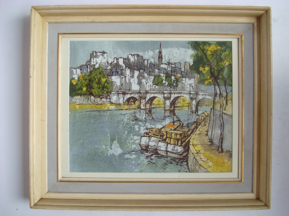 Bernard Dufour (b. 1922).
View of a French town bridge, mixed on canvas, signed, f/g.
45 x 36.5cm.