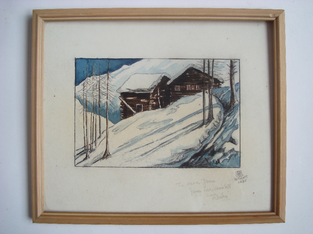 Early 20th Century winter Alpine landscape under snow with chalets, crayon and watercolour,
