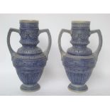 A pair of large late 19th century German Westerwald style twin handled saltglazed stoneware vases,