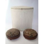 A pair of Victorian parquetry inlaid walnut circular footstools and a Lloyd Loom style white