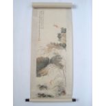 A Chinese hanging scroll painting, lotus blossom amongst foliage with dragon flies,