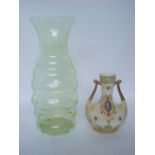 A large uranium ribbed glass vase together with a Crown Devon twin handled blush vase (2).