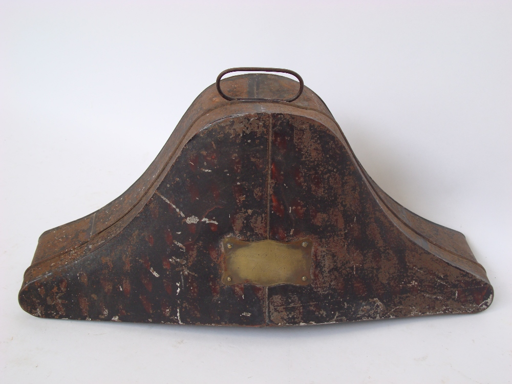 A 19th Century naval officers black metal bicorn hat carrying box bearing brass plaque 'Captain O'