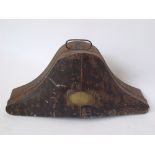 A 19th Century naval officers black metal bicorn hat carrying box bearing brass plaque 'Captain O'