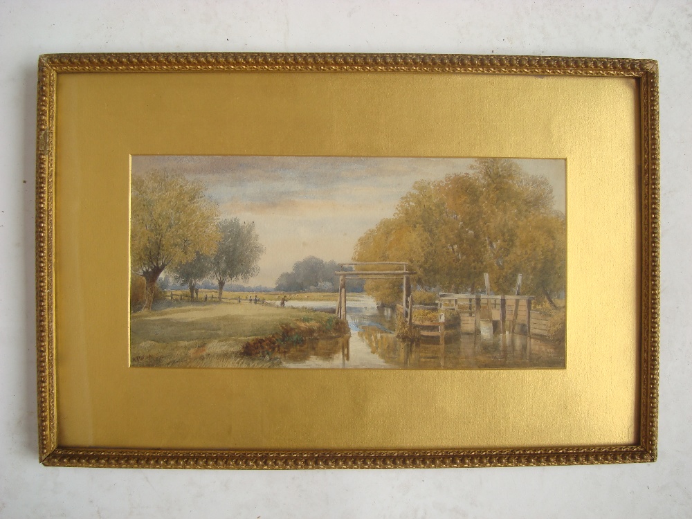 A. Dampier (19th Century).
River landscape, watercolour, signed, dated 1872.
35 x 17cm, f/g.