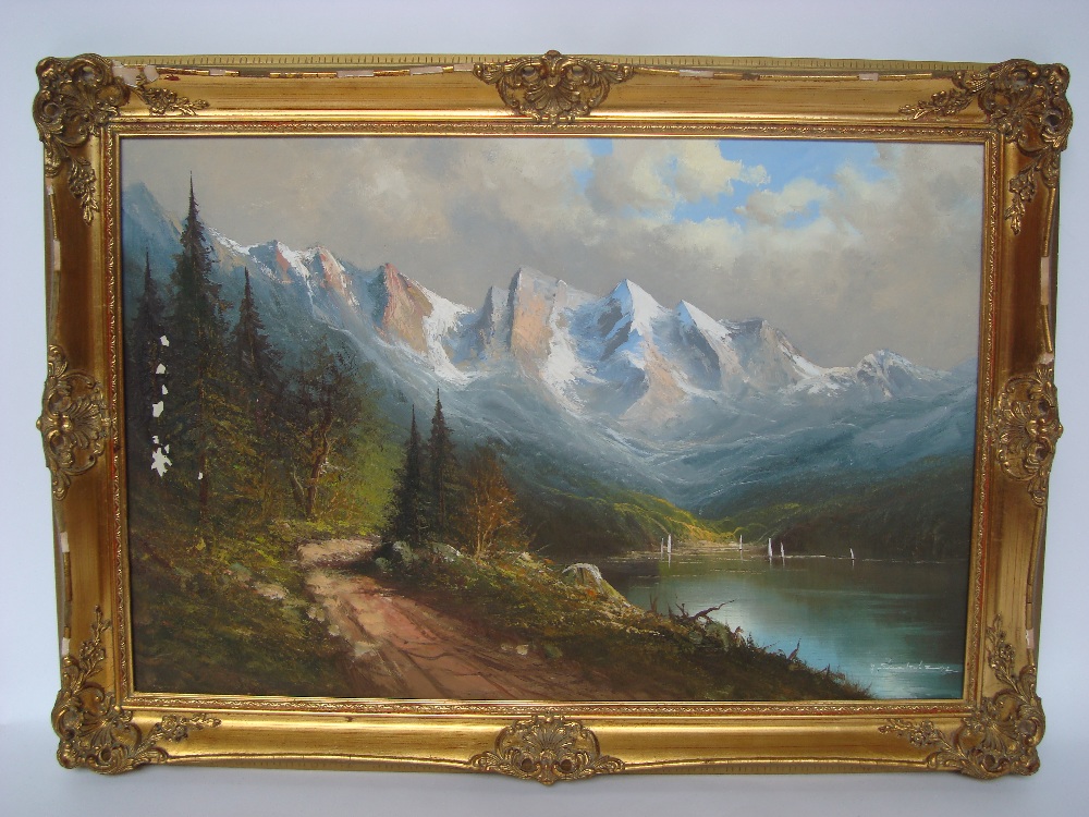 G. Seekatz (b. 1928).
Alpine lake scene, oil on canvas signed 92, gilt frame.