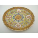 A Chinese porcelain polychrome birthday plate, yellow ground decorated with clouds,