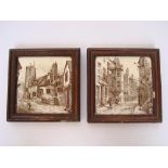 A pair of Minton tiles, each depicting a street scene,