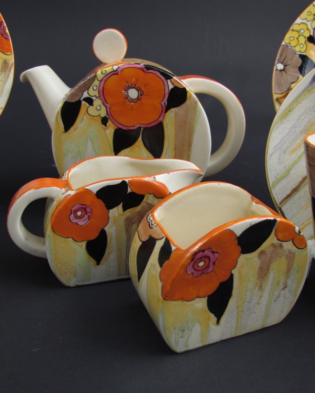 A Clarice Cliff Bonjour shape Lydiat pattern tea set for two consisting teapot, milk jug, sugar - Image 5 of 7