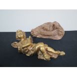 A gilt wall hanging cherub and pottery sculpture of a horse's head (2)