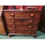 A 19th Century mahogany chest of four straight drawers with bun handles bracket feet, inset with