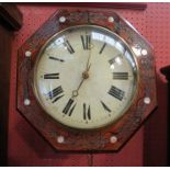 A Victorian postman's clock with octagonal case with mother of pearl inlay, Roman numerated dial