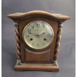 A Mappin and Webb oak cased mantel clock, silvered Arabic dial, 8 day movement