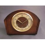 A mid 20th Century Smiths Westminster chime mantel clock, key and pendulum