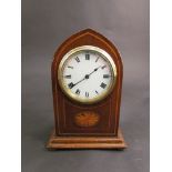 An oak and inlaid lancet form mantel clock, Roman numerated dial