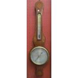 A 19th Century mahogany and marquetry inlaid wheel barometer with long thermometer box, silvered