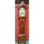 A Georgian mahogany and marquetry inlaid longcase clock, brass arched dial with gilt spandrels,