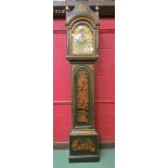 A Georgian green lacquered chinoisserie longcase clock with pagoda hood, brass arched dial with