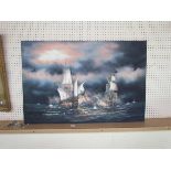 An oil on canvas of broadside galleon battle,