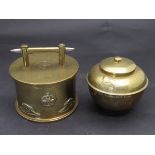 A trench art brass shell storage pot set with R.A.