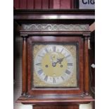 A burr walnut cross grained longcase clock with 10" square dial, brass spandrels,