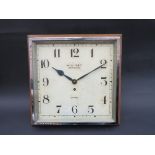 A 1930's oak cased dial clock of square Art Deco form, Arabic 11" square dial signed W.H.