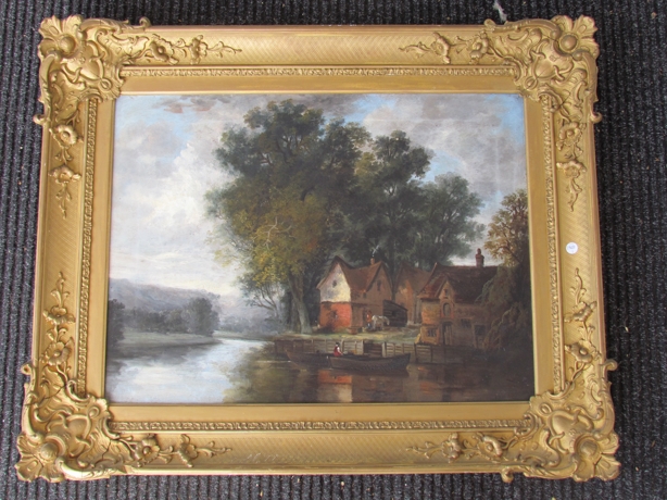 A 19th Century oil on canvas depicting farm buildings by quay with horse and figures in middle - Image 2 of 2