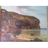 A gilt framed early 19th Century oil on canvas, Continental scene, fishermen pulling in the nets.