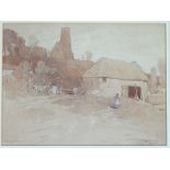 LEONARD SQUIRRELL (1893-1979) A monotone watercolour in sepia tones depicting farm buildings,