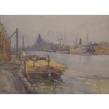 RUSSELL SIDNEY REEVE (1895-1970) A framed and glazed watercolour 'Unloading timber at Jewsons Quay,
