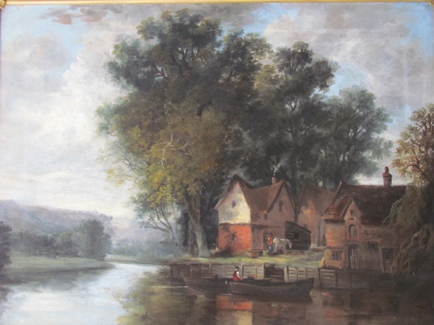 A 19th Century oil on canvas depicting farm buildings by quay with horse and figures in middle